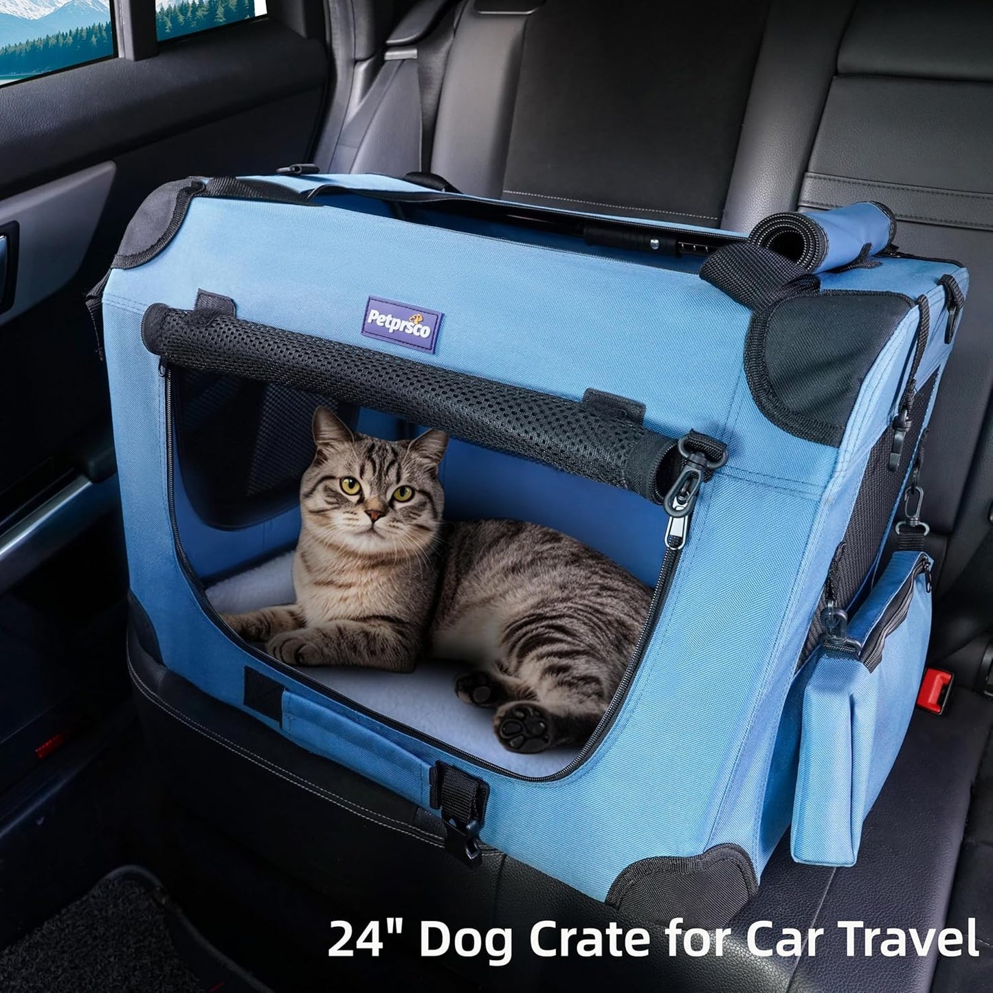 Portable Collapsible Dog Crate, 24" Soft Dog Crate for Car Travel | Small Dog Crate Kennel 24”*17”*17” with Soft Blanket and Foldable Bowl for Large Cats & Small Dogs Indoor and Outdoor Use