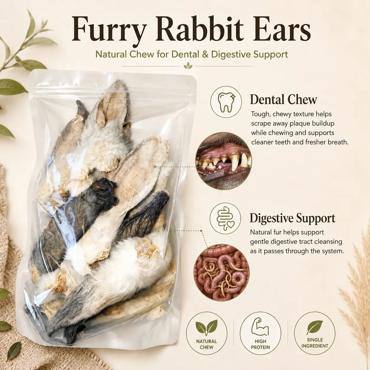 Peach Pet 3-Pack (3.5Oz Each) Rabbit Ear, Pig Nose & Whole Rabbit Leg Freeze-Dried Chews for Dogs & Cats |All-Natural | High Protein