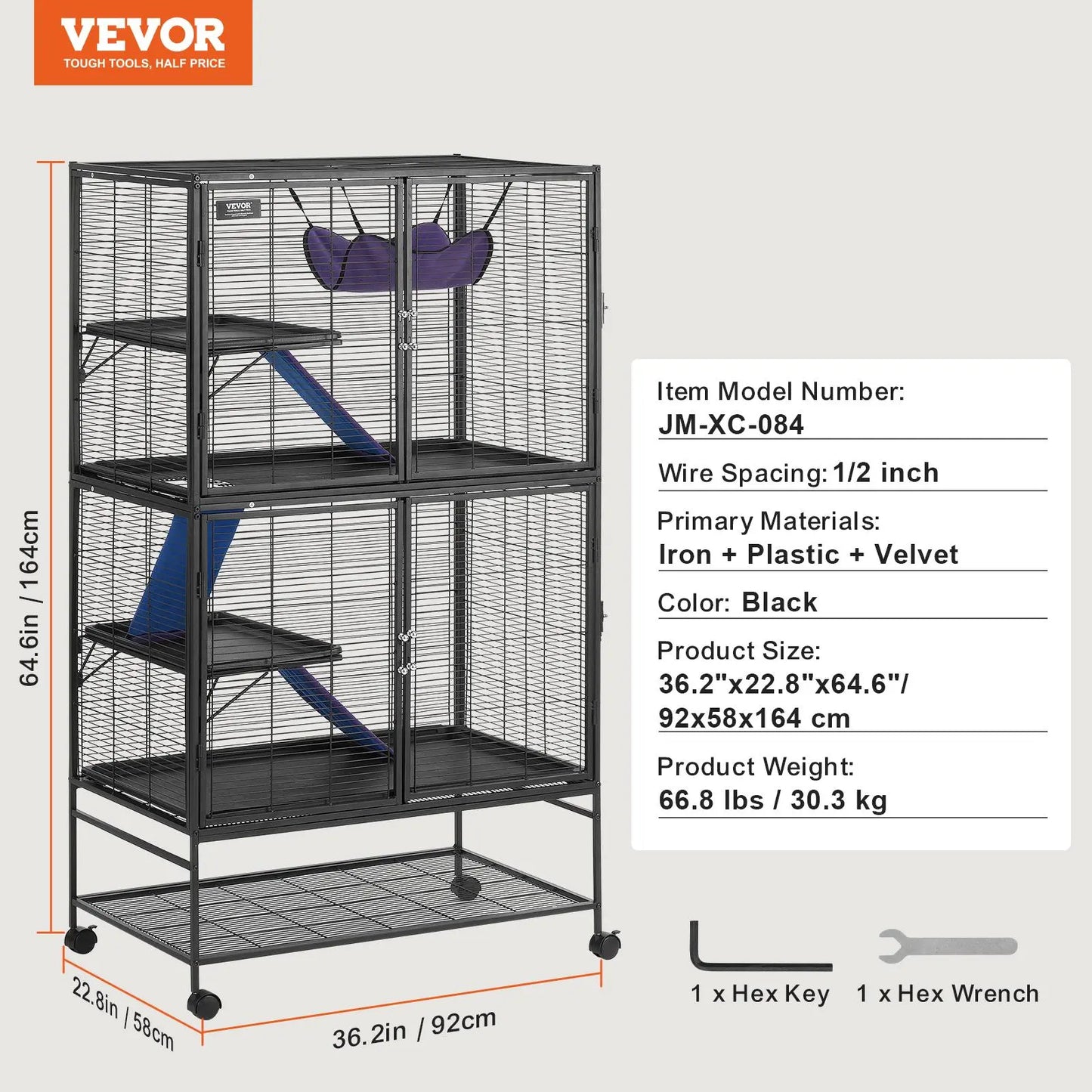 VEVOR 64.6" Rolling Metal Ferret Cage, Large 4-Tier Critter Nation Cage, Small Animal Cage with Ramps & Tray, Easy to Set up for Pet Rats, Hamster, Guinea Pig, Chinchilla, Squirrel, Hedgehogs, Bunny