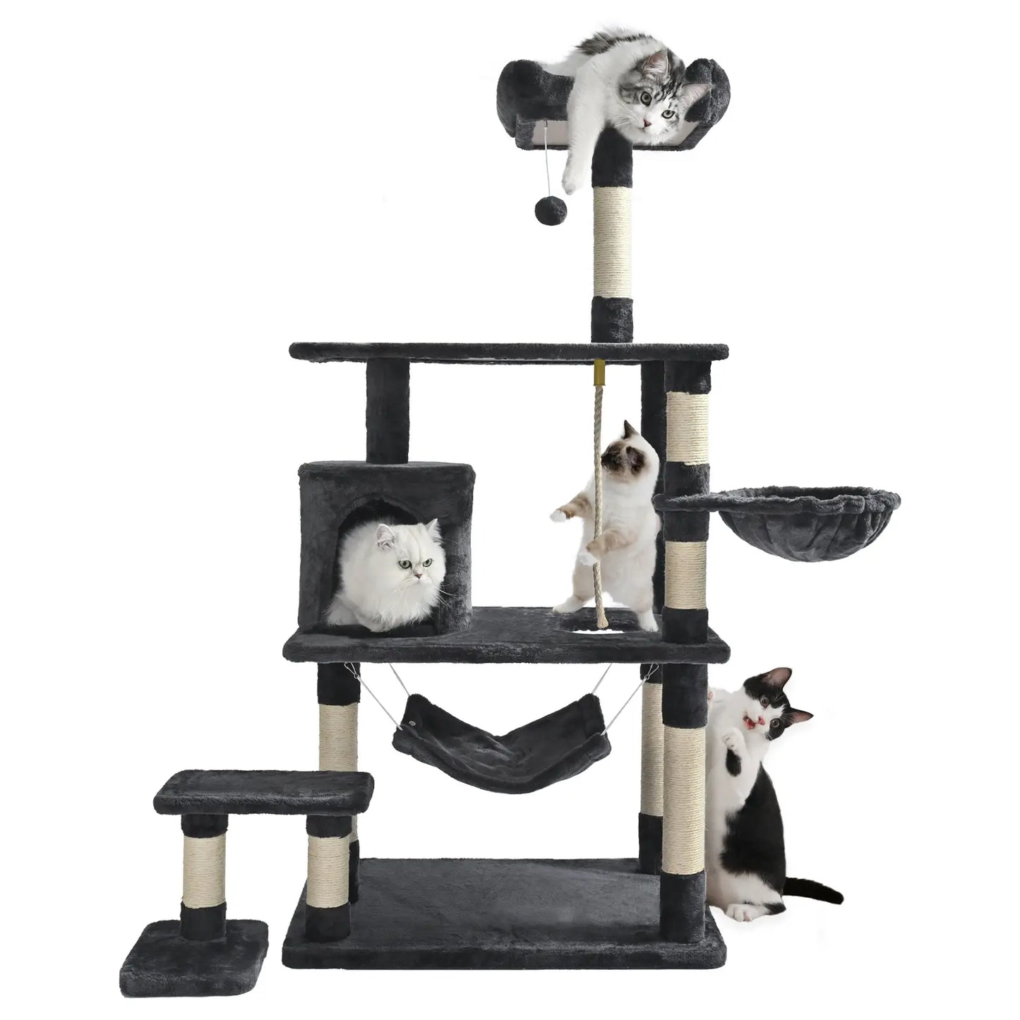 Made4Pets Multi-Level 62 Inches Cat Tree for Large Cats with Condo Soft Hammock Sisal Scratching Posts Dangling Ball and Extended Platform Play House for Indoor Cats Dark Grey Catscratchers