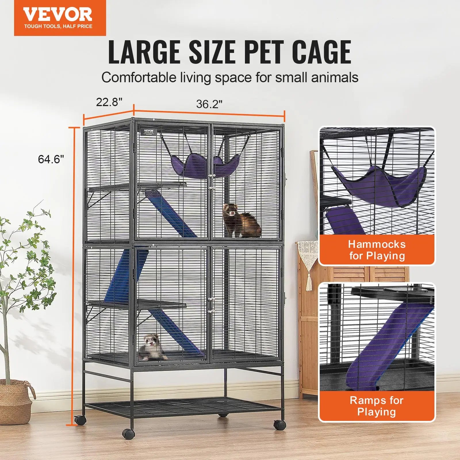 VEVOR 64.6" Rolling Metal Ferret Cage, Large 4-Tier Critter Nation Cage, Small Animal Cage with Ramps & Tray, Easy to Set up for Pet Rats, Hamster, Guinea Pig, Chinchilla, Squirrel, Hedgehogs, Bunny