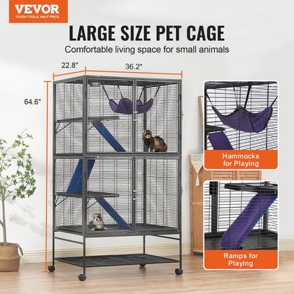 VEVOR 64.6" Rolling Metal Ferret Cage, Large 4-Tier Critter Nation Cage, Small Animal Cage with Ramps & Tray, Easy to Set up for Pet Rats, Hamster, Guinea Pig, Chinchilla, Squirrel, Hedgehogs, Bunny
