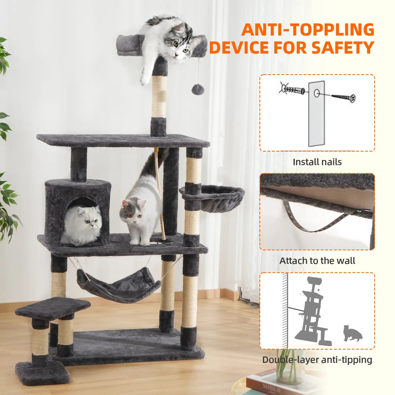 Made4Pets Multi-Level 62 Inches Cat Tree for Large Cats with Condo Soft Hammock Sisal Scratching Posts Dangling Ball and Extended Platform Play House for Indoor Cats Dark Grey Catscratchers
