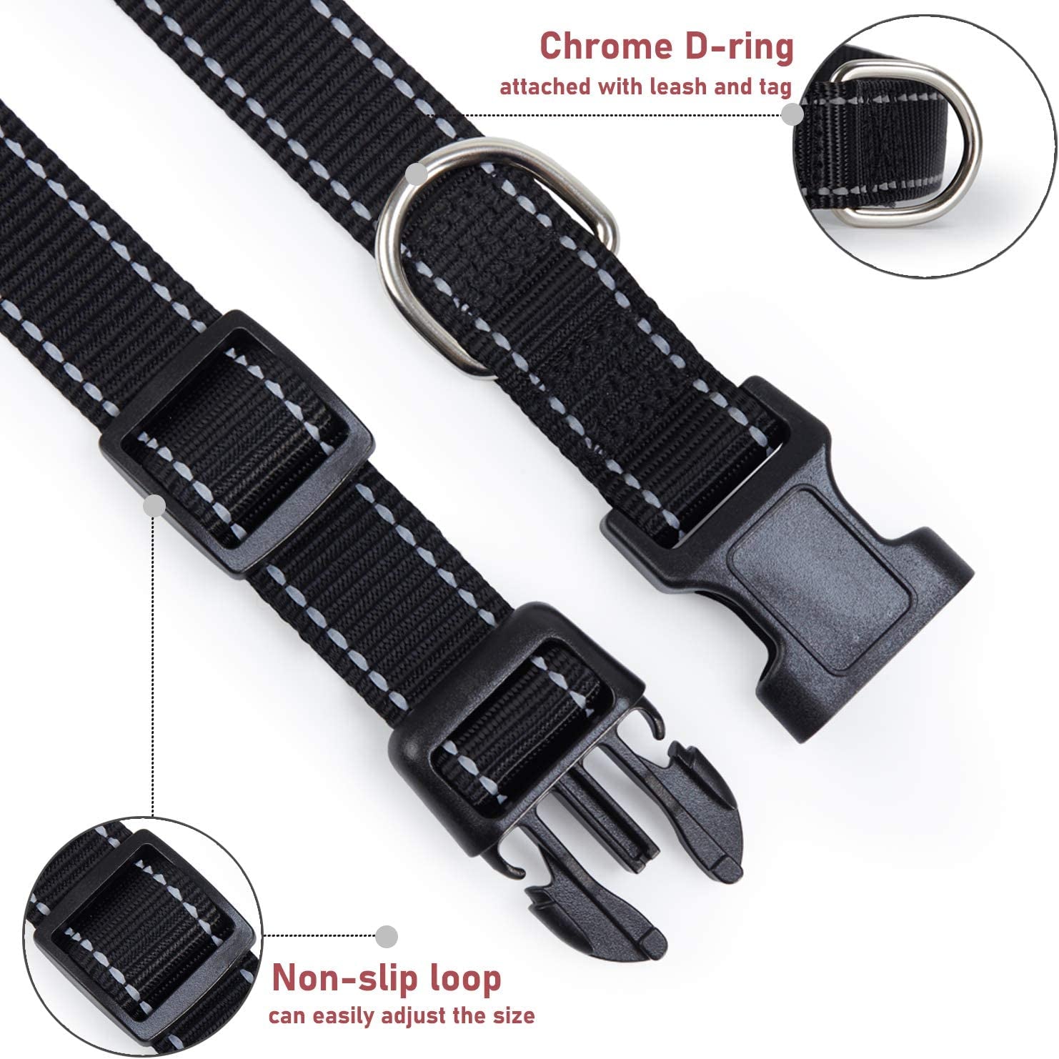 Reflective Dog Collar with Buckle Adjustable Safety Nylon Collars for Small Medium Large Dogs, Black M | Breathable, No Chafing on Walks and Outdoor Hikes, Metal D-Ring, Night Safety