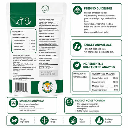 Peach Pet 3-Pack (3.5Oz Each) Rabbit Ear, Pig Nose & Whole Rabbit Leg Freeze-Dried Chews for Dogs & Cats |All-Natural | High Protein