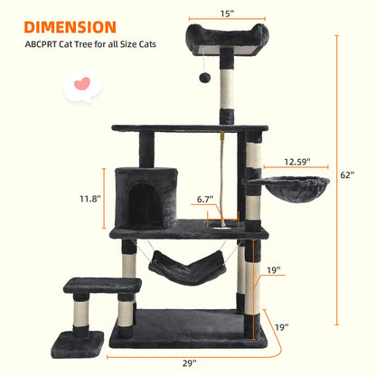 Made4Pets Multi-Level 62 Inches Cat Tree for Large Cats with Condo Soft Hammock Sisal Scratching Posts Dangling Ball and Extended Platform Play House for Indoor Cats Dark Grey Catscratchers