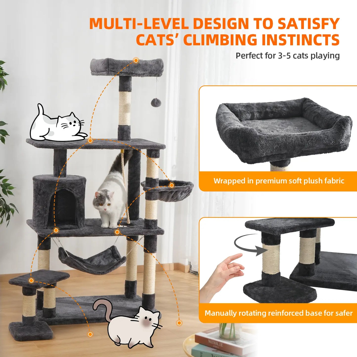 Made4Pets Multi-Level 62 Inches Cat Tree for Large Cats with Condo Soft Hammock Sisal Scratching Posts Dangling Ball and Extended Platform Play House for Indoor Cats Dark Grey Catscratchers