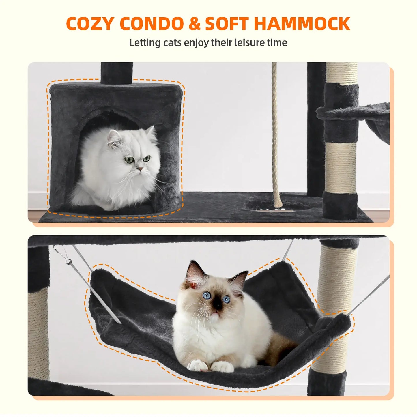 Made4Pets Multi-Level 62 Inches Cat Tree for Large Cats with Condo Soft Hammock Sisal Scratching Posts Dangling Ball and Extended Platform Play House for Indoor Cats Dark Grey Catscratchers
