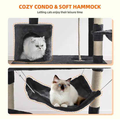 Made4Pets Multi-Level 62 Inches Cat Tree for Large Cats with Condo Soft Hammock Sisal Scratching Posts Dangling Ball and Extended Platform Play House for Indoor Cats Dark Grey Catscratchers