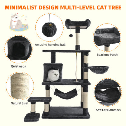 Made4Pets Multi-Level 62 Inches Cat Tree for Large Cats with Condo Soft Hammock Sisal Scratching Posts Dangling Ball and Extended Platform Play House for Indoor Cats Dark Grey Catscratchers