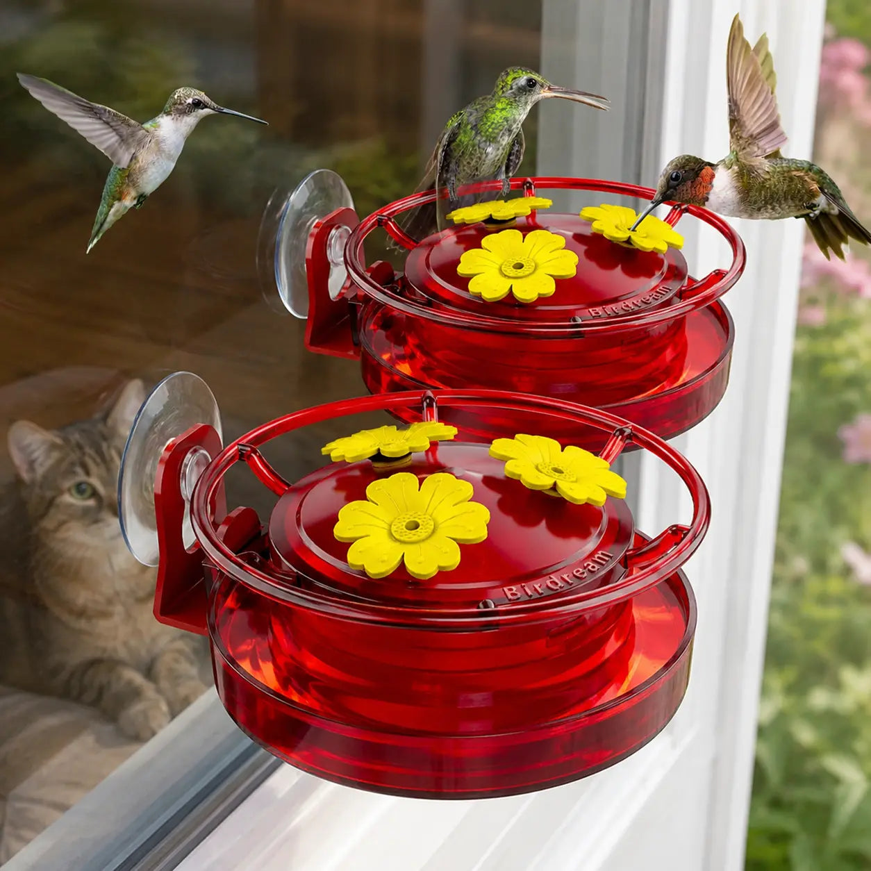 Birdream Window Hummingbird Feeder, 5Oz Small Plastic Nectar Holder with Ant Moat, 3 Feeding Ports, Compact Window-Mounted Hummingbird Feeder for Outdoors, Hummingbirds Feeder,Window Feeder