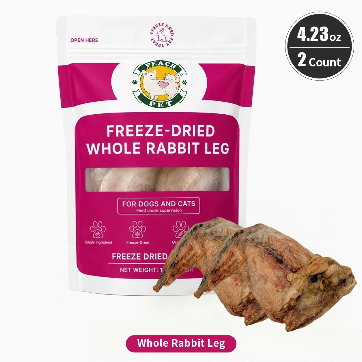 Peach Pet 3-Pack (3.5Oz Each) Rabbit Ear, Pig Nose & Whole Rabbit Leg Freeze-Dried Chews for Dogs & Cats |All-Natural | High Protein