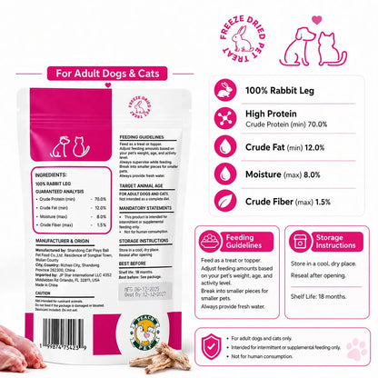 Peach Pet 3-Pack (3.5Oz Each) Rabbit Ear, Pig Nose & Whole Rabbit Leg Freeze-Dried Chews for Dogs & Cats |All-Natural | High Protein