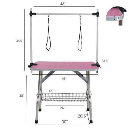 46" Folding Pet Grooming Table for Dogs & Cats, Stainless Steel Frame, Rubber Mat, Adjustable Arm with Clamps, Pink Color