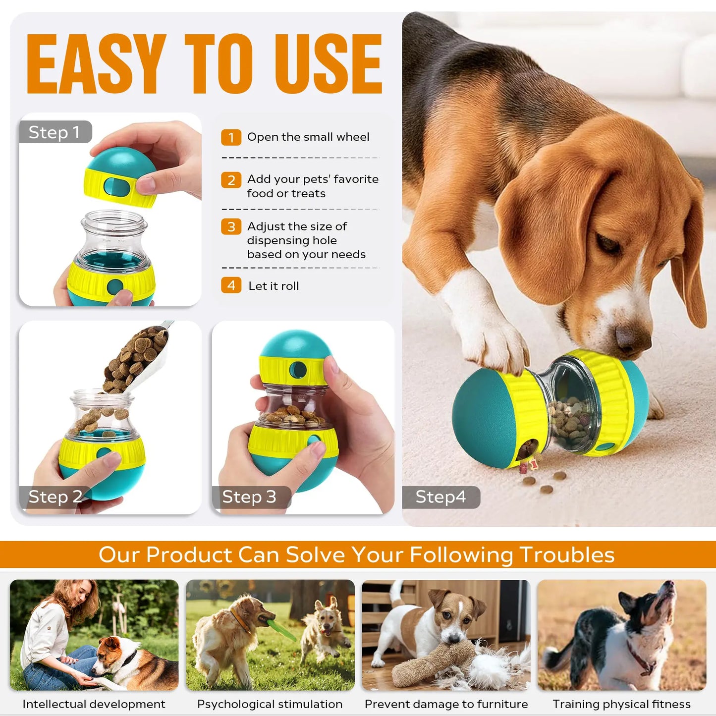 Interactive Dog Treat Ball, Dog Treat Dispenser Toy - Interactive Adjustable Treat Dispensing Dog Puzzle Toy - Mental Stimulation & Slow Feeder for Small, Medium, and Large Breeds - Durable & Fun Boredom Relief Game