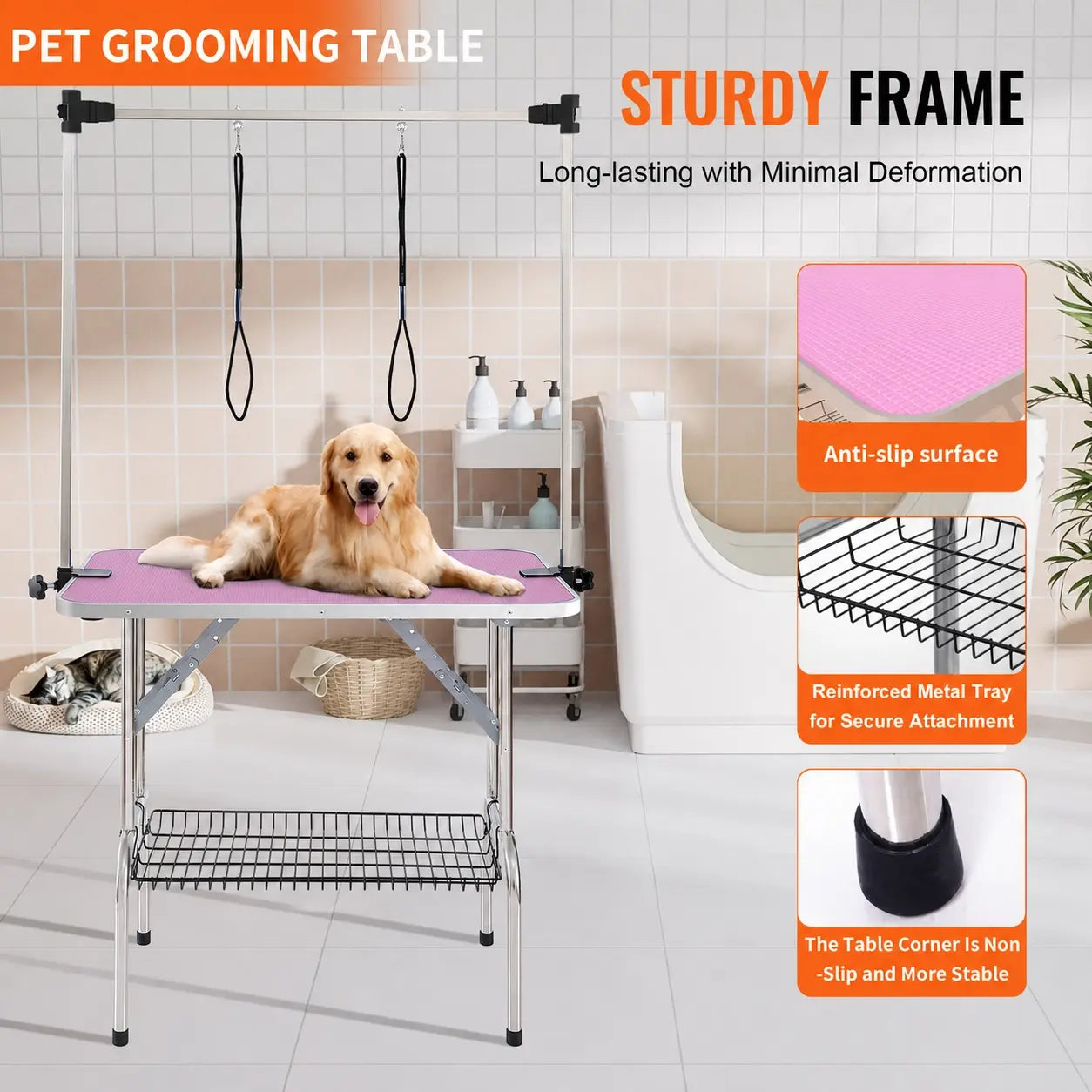 46" Folding Pet Grooming Table for Dogs & Cats, Stainless Steel Frame, Rubber Mat, Adjustable Arm with Clamps, Pink Color
