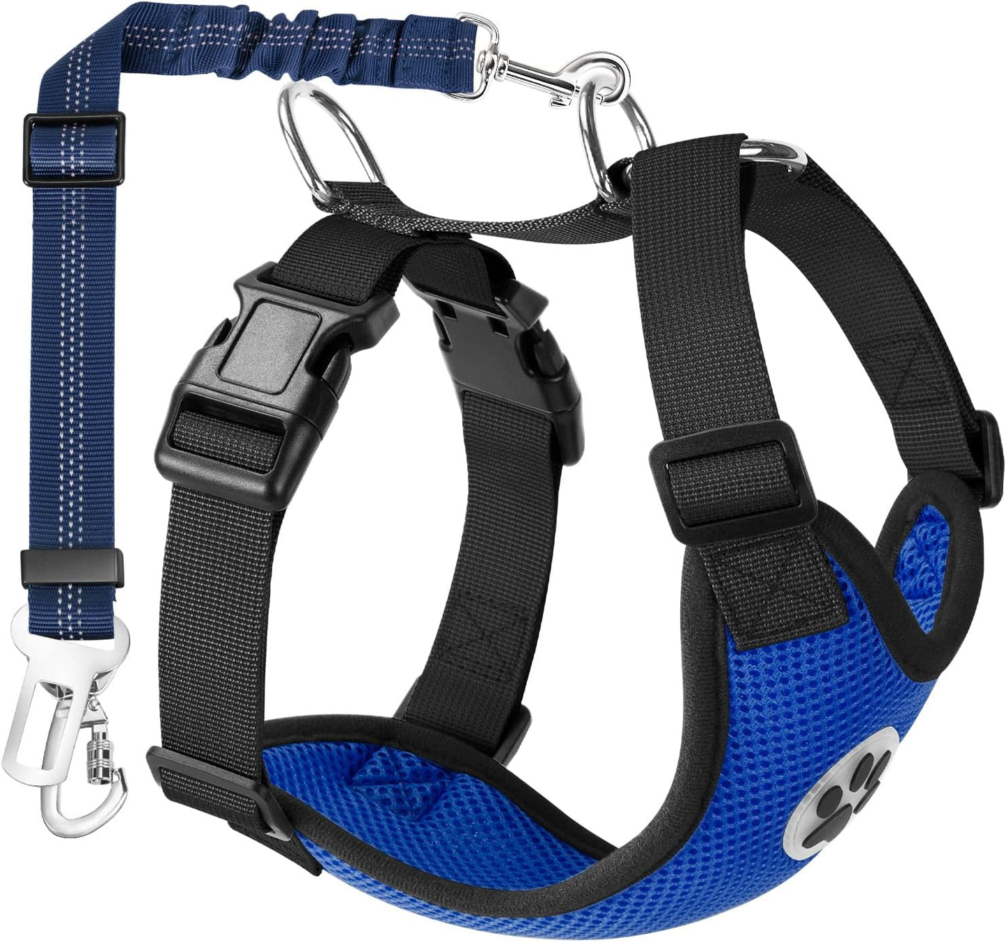 Dog Car Harness Seat Belt, Harness & Seatbelt with 2 in 1 Buckle | Adjustable Soft Breathable Mesh Harness, Reflective Elastic Reflective Tether, for Small Medium Large Dogs Pets (Blue, M)