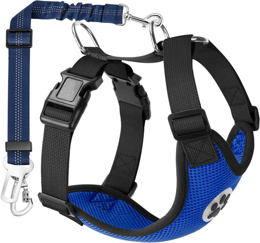Dog Car Harness Seat Belt, Harness & Seatbelt with 2 in 1 Buckle | Adjustable Soft Breathable Mesh Harness, Reflective Elastic Reflective Tether, for Small Medium Large Dogs Pets (Blue, M)