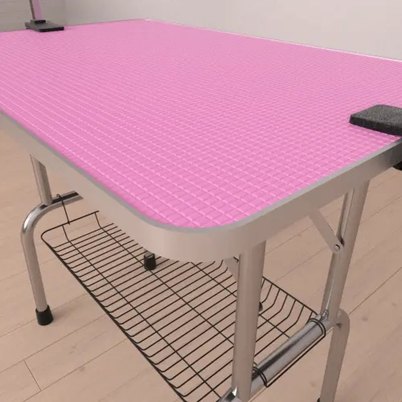 46" Folding Pet Grooming Table for Dogs & Cats, Stainless Steel Frame, Rubber Mat, Adjustable Arm with Clamps, Pink Color