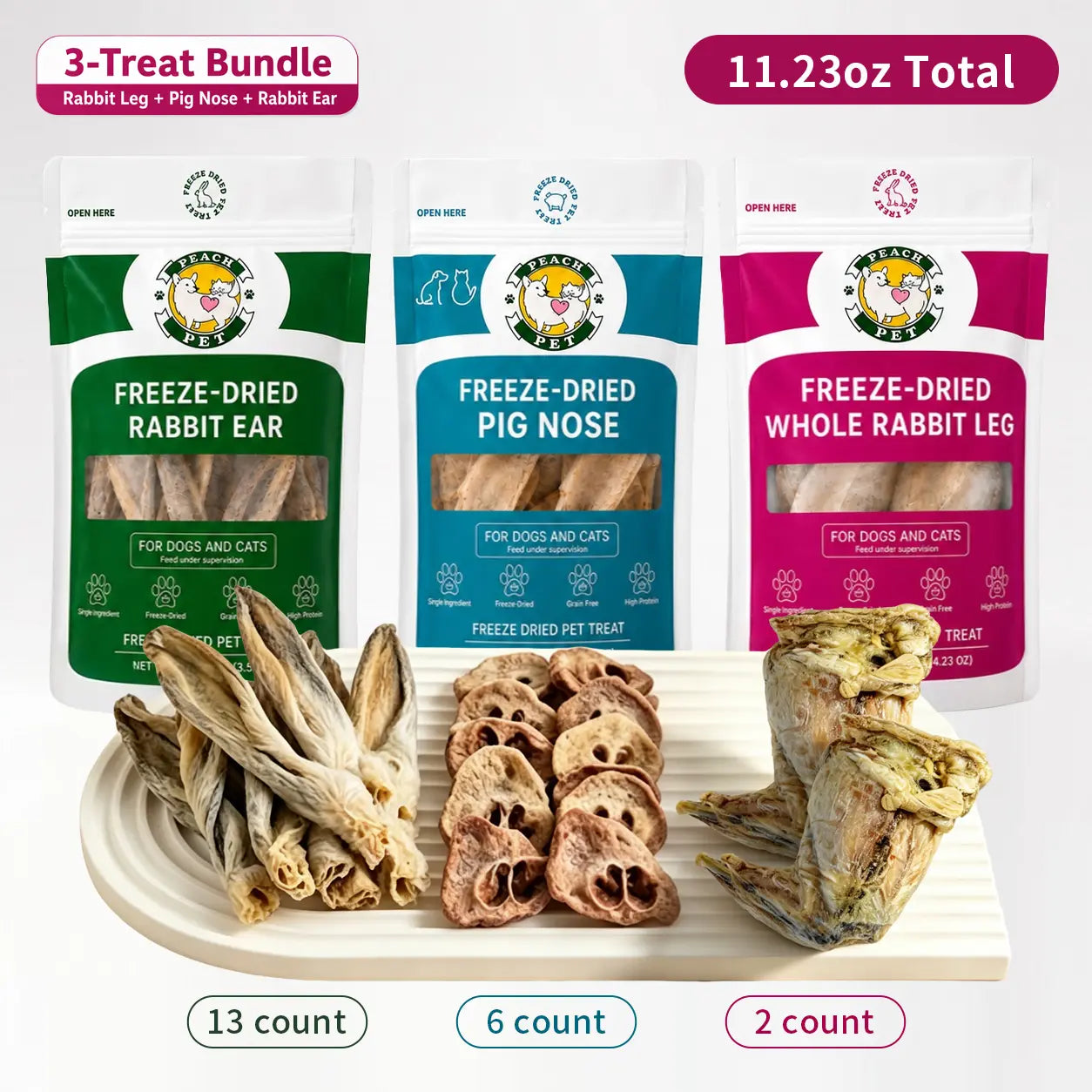 Peach Pet 3-Pack (3.5Oz Each) Rabbit Ear, Pig Nose & Whole Rabbit Leg Freeze-Dried Chews for Dogs & Cats |All-Natural | High Protein