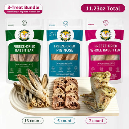 Peach Pet 3-Pack (3.5Oz Each) Rabbit Ear, Pig Nose & Whole Rabbit Leg Freeze-Dried Chews for Dogs & Cats |All-Natural | High Protein