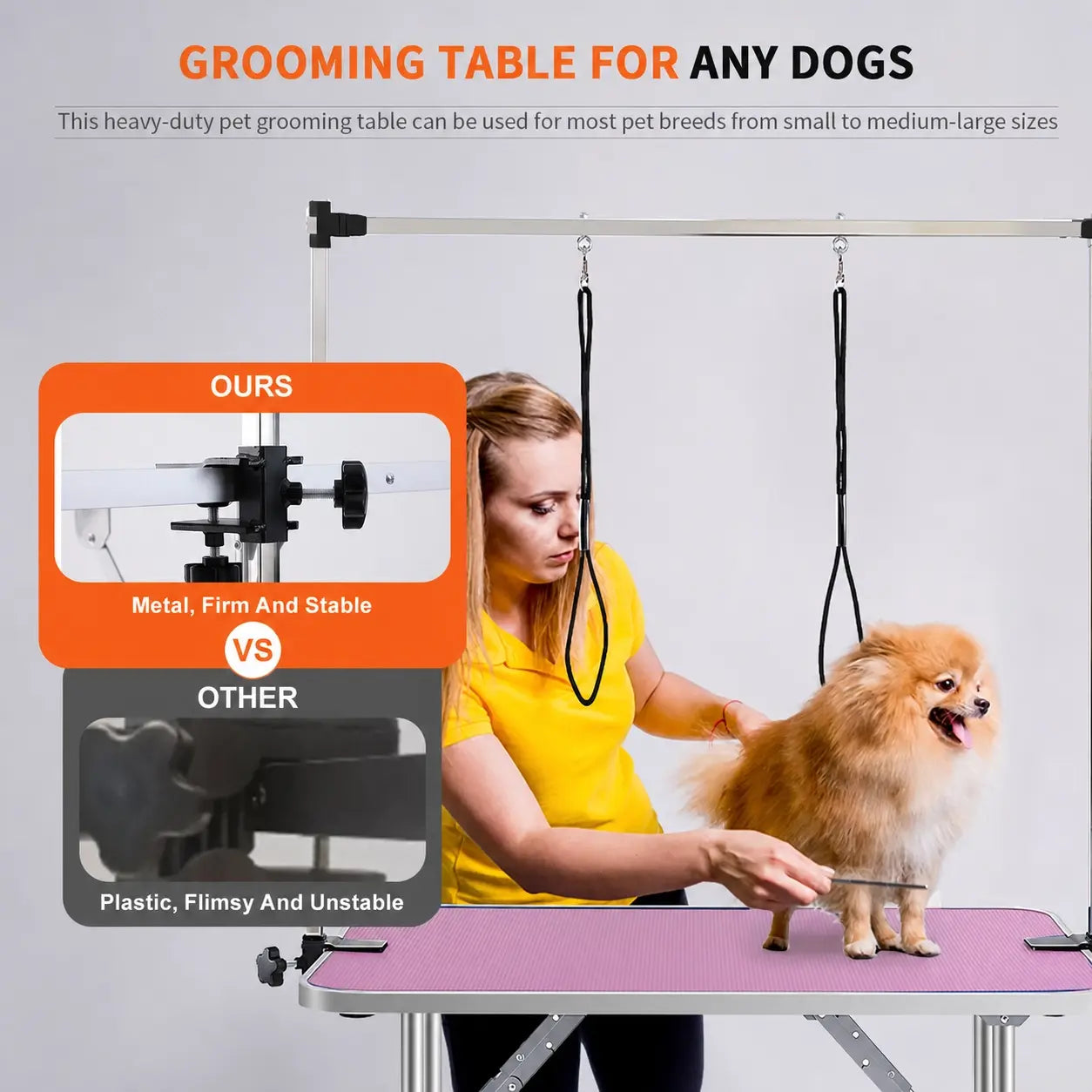 46" Folding Pet Grooming Table for Dogs & Cats, Stainless Steel Frame, Rubber Mat, Adjustable Arm with Clamps, Pink Color
