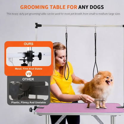 46" Folding Pet Grooming Table for Dogs & Cats, Stainless Steel Frame, Rubber Mat, Adjustable Arm with Clamps, Pink Color
