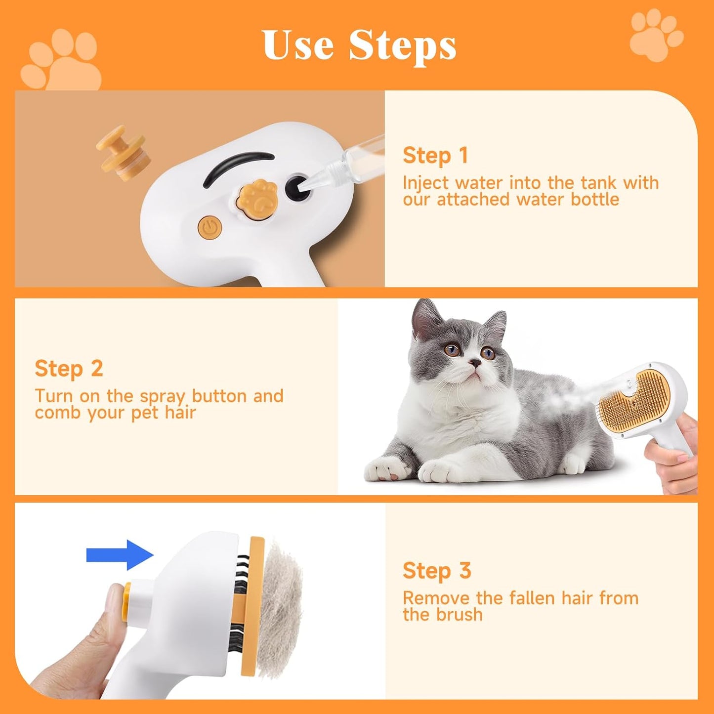 Pet Steam Brush for Dog & Cat – 3-In-1 Spray Hair Removal Comb for Shedding & Grooming, Softens Fur & Reduces Static – Water Brush for Long & Short Coats, Bath-Hating Pets, Includes Waterless Shampoo
