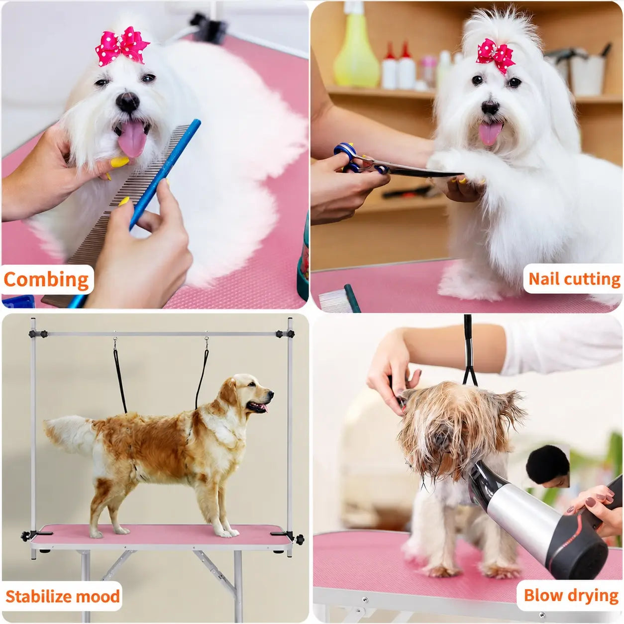46" Folding Pet Grooming Table for Dogs & Cats, Stainless Steel Frame, Rubber Mat, Adjustable Arm with Clamps, Pink Color