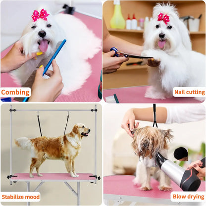 46" Folding Pet Grooming Table for Dogs & Cats, Stainless Steel Frame, Rubber Mat, Adjustable Arm with Clamps, Pink Color