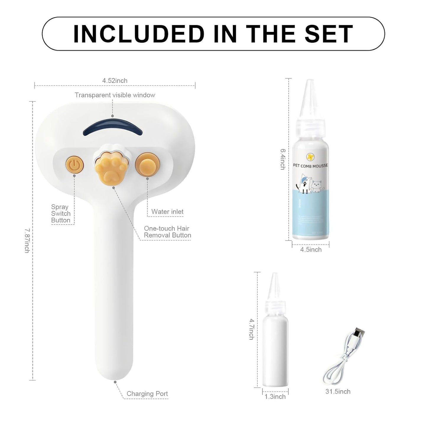 Pet Steam Brush for Dog & Cat – 3-In-1 Spray Hair Removal Comb for Shedding & Grooming, Softens Fur & Reduces Static – Water Brush for Long & Short Coats, Bath-Hating Pets, Includes Waterless Shampoo