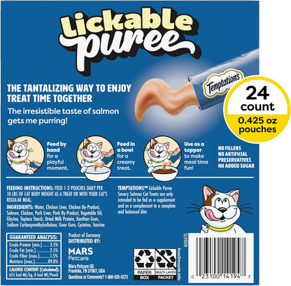 Creamy Puree Lickable Cat Treats, Salmon, 24 Count | under 15 Calories per Tube, Great for Senior Cats, No Chewing Required, No Added Sugar, Wet Squeezable Treat, 0.42 Oz. Tubes