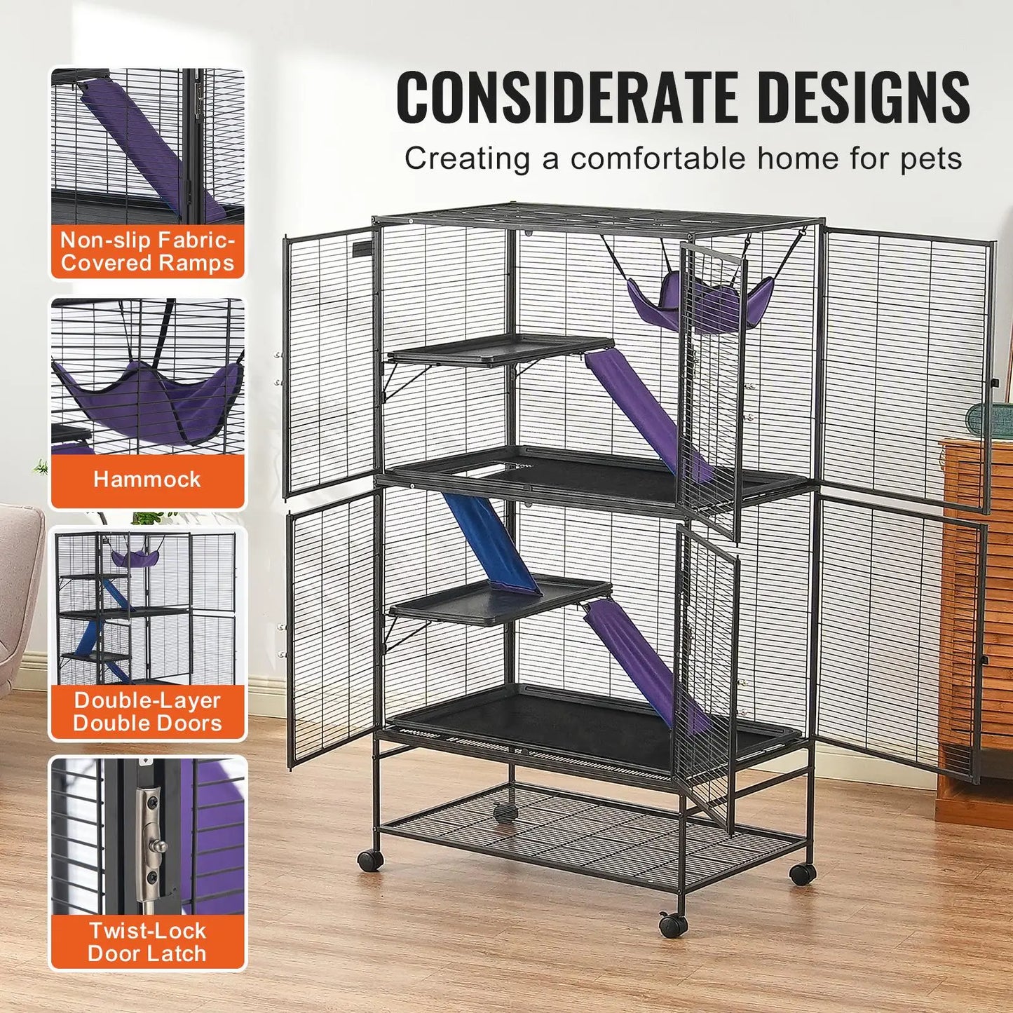 VEVOR 64.6" Rolling Metal Ferret Cage, Large 4-Tier Critter Nation Cage, Small Animal Cage with Ramps & Tray, Easy to Set up for Pet Rats, Hamster, Guinea Pig, Chinchilla, Squirrel, Hedgehogs, Bunny