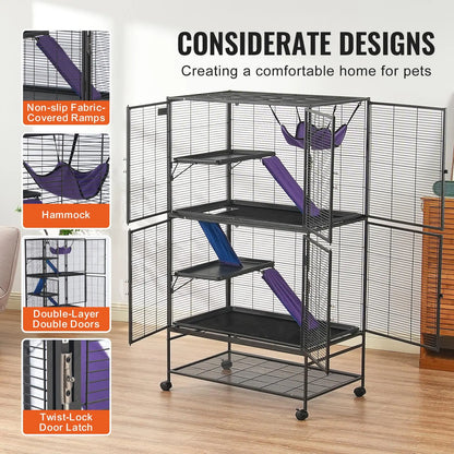 VEVOR 64.6" Rolling Metal Ferret Cage, Large 4-Tier Critter Nation Cage, Small Animal Cage with Ramps & Tray, Easy to Set up for Pet Rats, Hamster, Guinea Pig, Chinchilla, Squirrel, Hedgehogs, Bunny