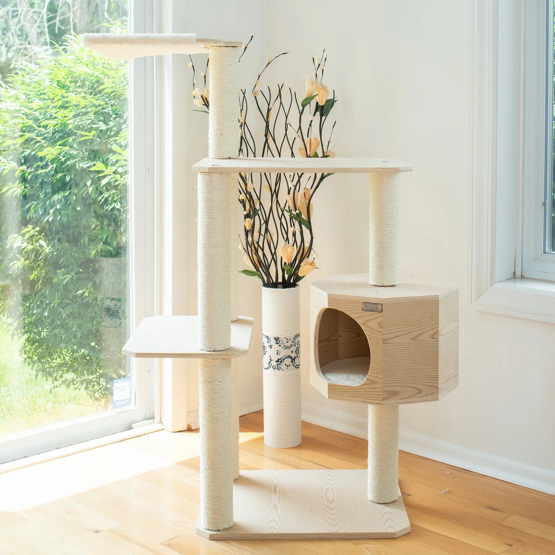 Armarkat Real Wood Premium Scots Pine 54-Inch Cat Tree with Three Levels, Perch, and Condo