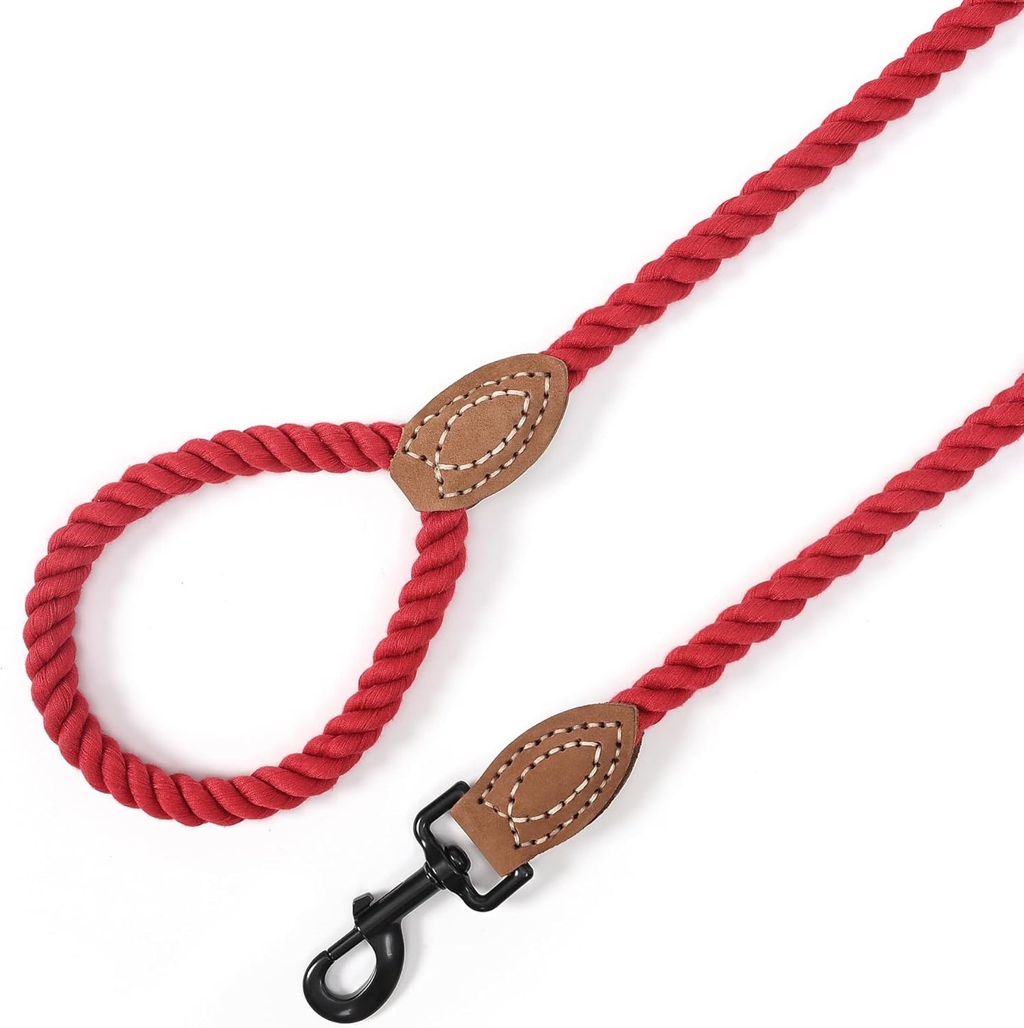 Dog Leash Braided Cotton Rope with Leather-Reinforced Ends | Rust-Proof 360° Swivel Clasp, Heavy-Duty for Medium/Large Breeds. Great for Weddings, Daily Walks (5 FT, 1/2", Red)