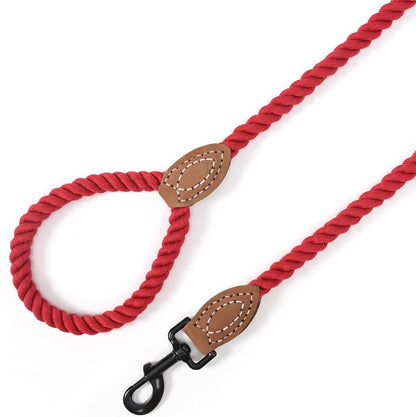 Dog Leash Braided Cotton Rope with Leather-Reinforced Ends | Rust-Proof 360° Swivel Clasp, Heavy-Duty for Medium/Large Breeds. Great for Weddings, Daily Walks (5 FT, 1/2", Red)