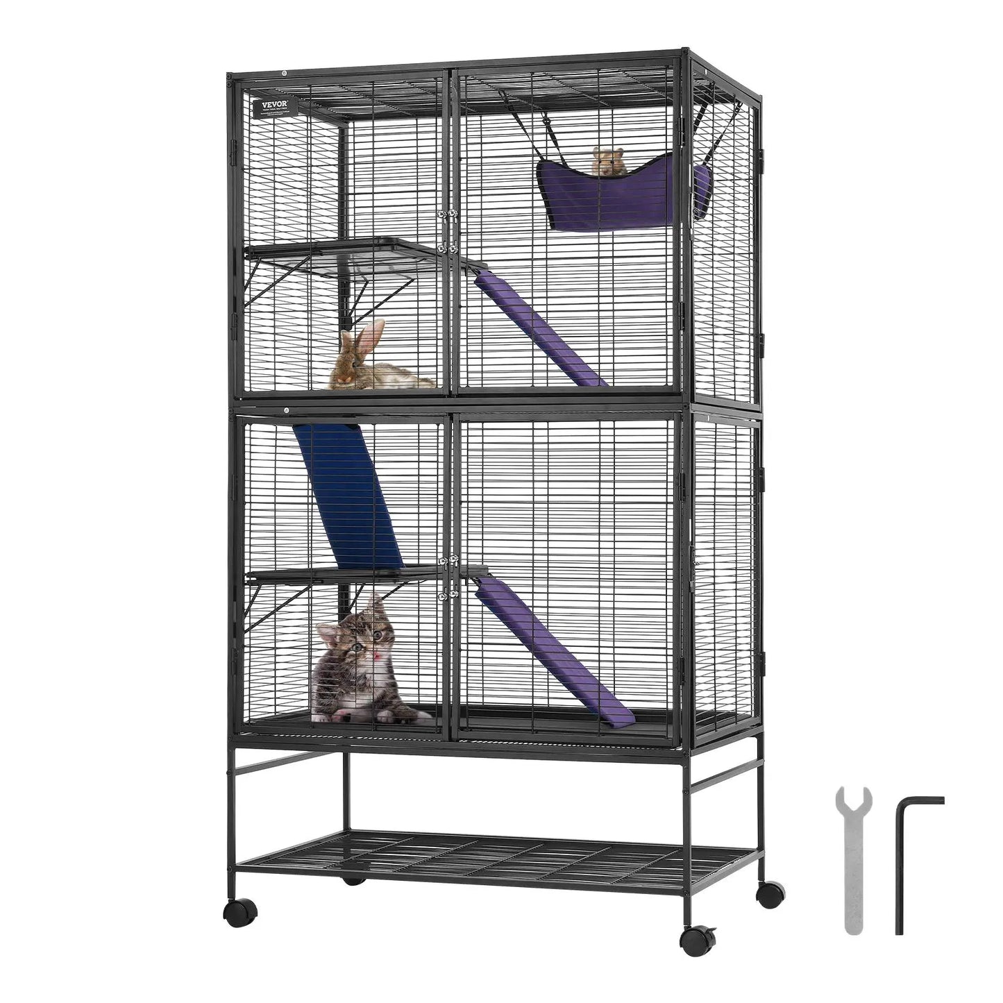 VEVOR 64.6" Rolling Metal Ferret Cage, Large 4-Tier Critter Nation Cage, Small Animal Cage with Ramps & Tray, Easy to Set up for Pet Rats, Hamster, Guinea Pig, Chinchilla, Squirrel, Hedgehogs, Bunny