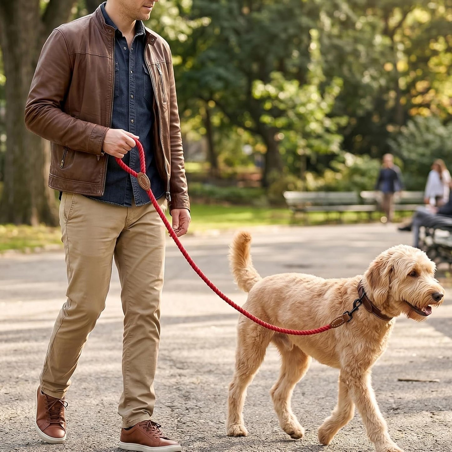 Dog Leash Braided Cotton Rope with Leather-Reinforced Ends | Rust-Proof 360° Swivel Clasp, Heavy-Duty for Medium/Large Breeds. Great for Weddings, Daily Walks (5 FT, 1/2", Red)
