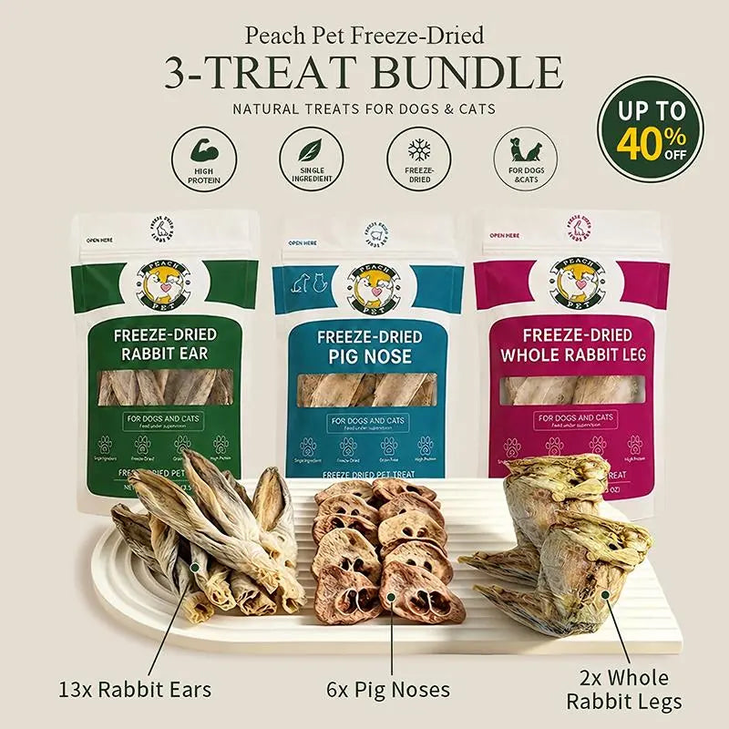 Peach Pet 3-Pack (3.5Oz Each) Rabbit Ear, Pig Nose & Whole Rabbit Leg Freeze-Dried Chews for Dogs & Cats |All-Natural | High Protein